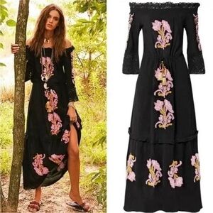 Figue Off-Shoulder Black Maxi Dress with Pink Floral Embroidery